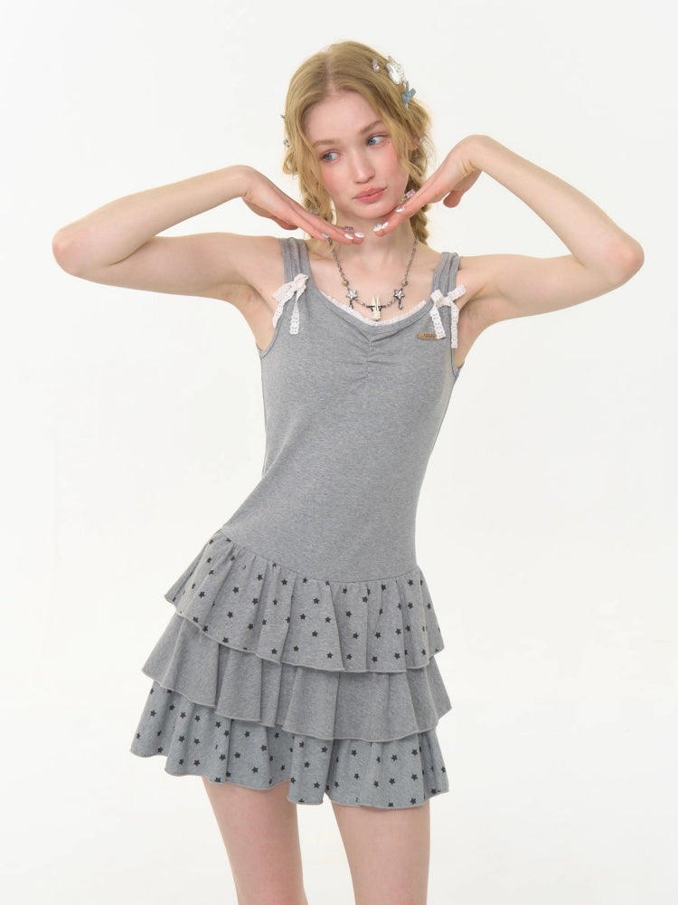 Polka Dot Star Ruffle Hem Cake Puffy Waist Cinching Slip Dress【s0000013042】