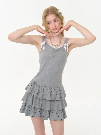 Polka Dot Star Ruffle Hem Cake Puffy Waist Cinching Slip Dress【s0000013042】