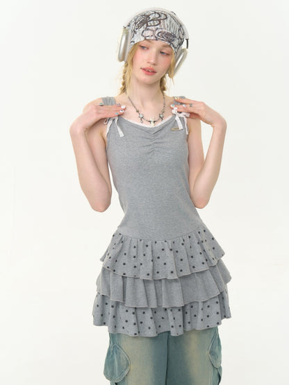 Polka Dot Star Ruffle Hem Cake Puffy Waist Cinching Slip Dress【s0000013042】
