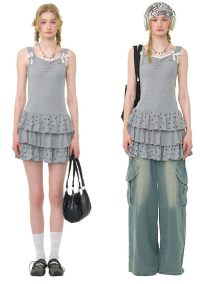 Polka Dot Star Ruffle Hem Cake Puffy Waist Cinching Slip Dress【s0000013042】