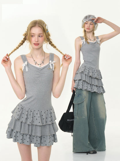 Polka Dot Star Ruffle Hem Cake Puffy Waist Cinching Slip Dress【s0000013042】