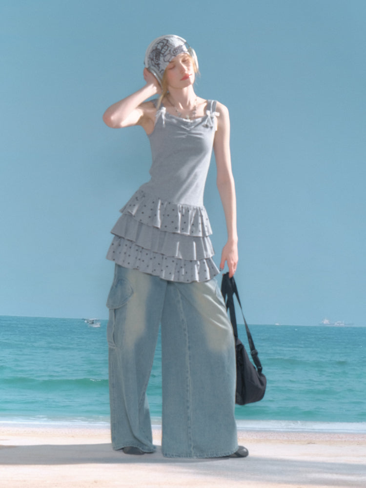 Polka Dot Star Ruffle Hem Cake Puffy Waist Cinching Slip Dress【s0000013042】