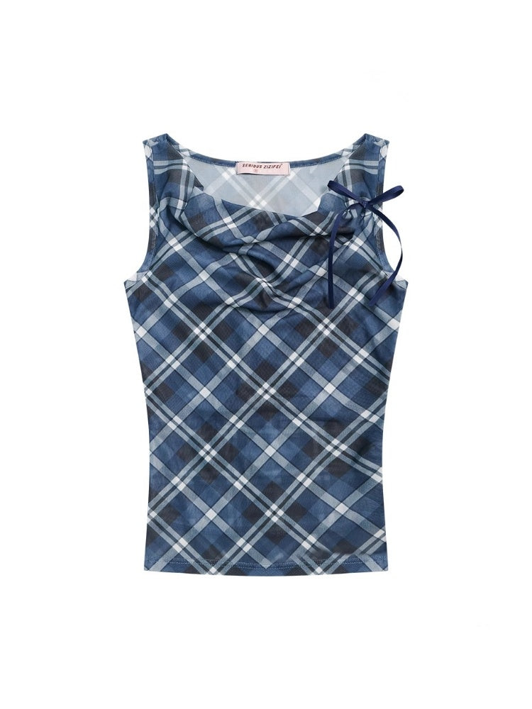Plaid Side Ribbon Drape Neck Tank Top【s0000013043】