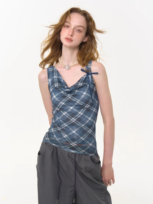 Plaid Side Ribbon Drape Neck Tank Top【s0000013043】