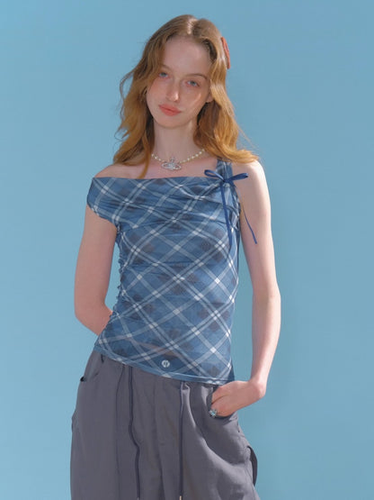 Plaid Side Ribbon Drape Neck Tank Top【s0000013043】