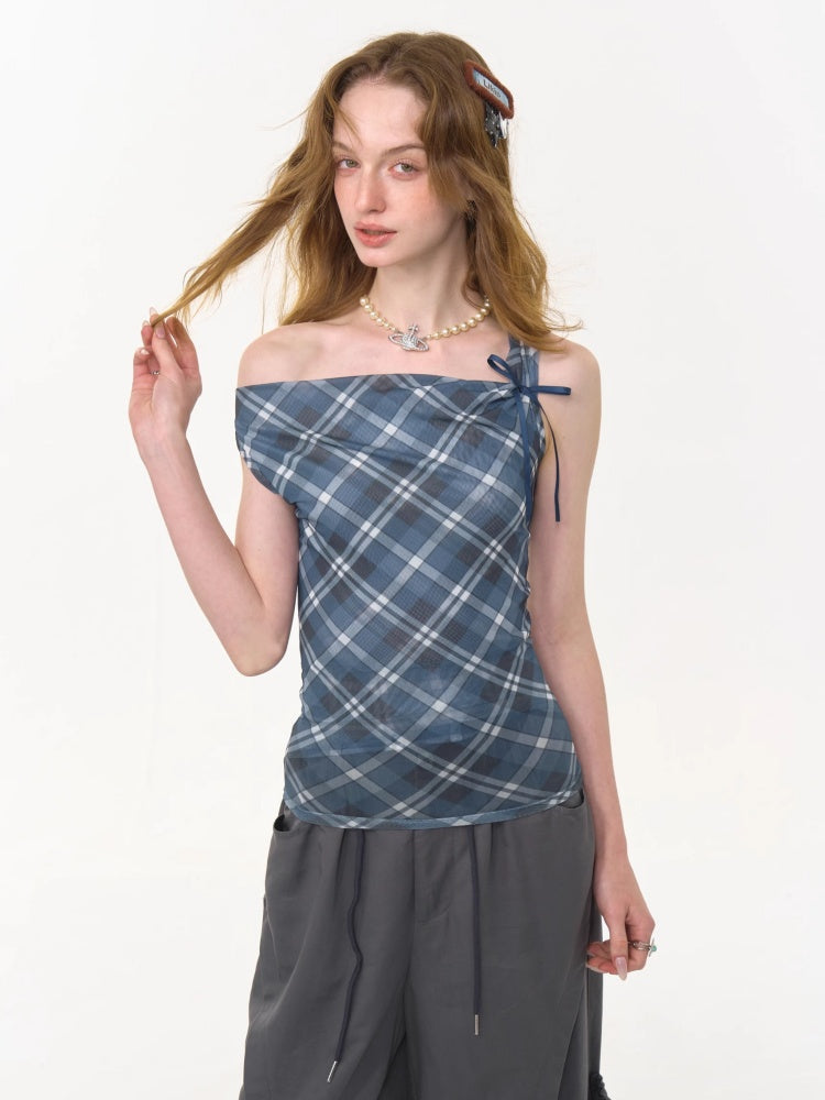 Plaid Side Ribbon Drape Neck Tank Top【s0000013043】