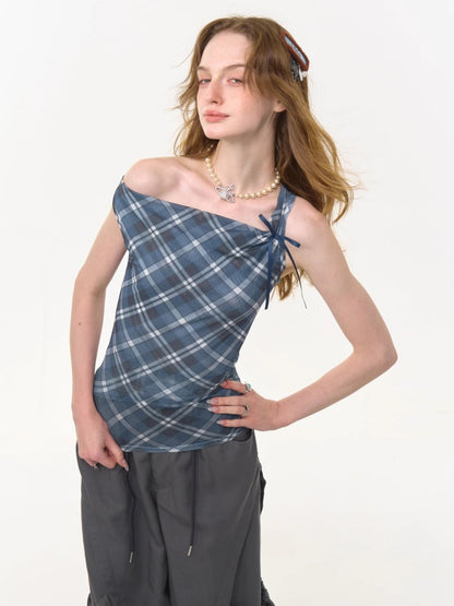 Plaid Side Ribbon Drape Neck Tank Top【s0000013043】