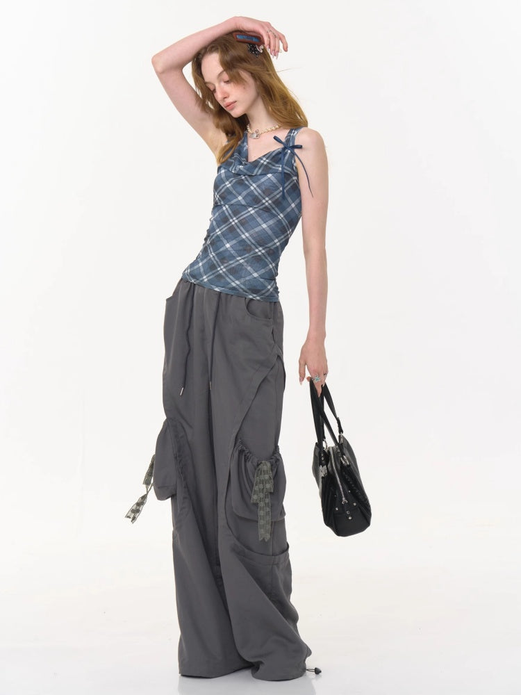 Plaid Side Ribbon Drape Neck Tank Top【s0000013043】