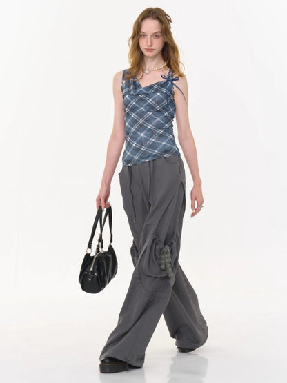 Plaid Side Ribbon Drape Neck Tank Top【s0000013043】
