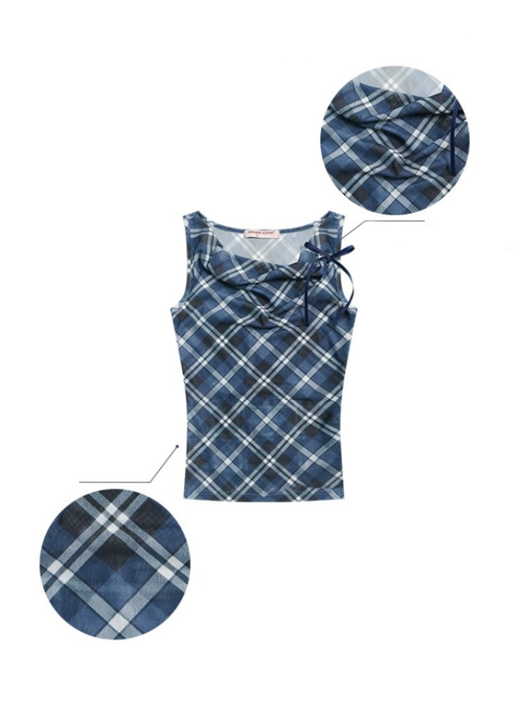 Plaid Side Ribbon Drape Neck Tank Top【s0000013043】