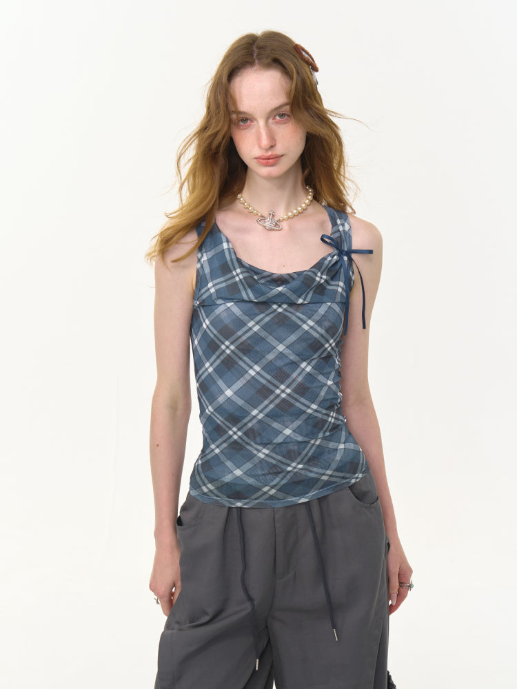 Plaid Side Ribbon Drape Neck Tank Top【s0000013043】