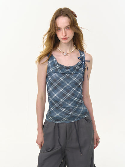 Plaid Side Ribbon Drape Neck Tank Top【s0000013043】