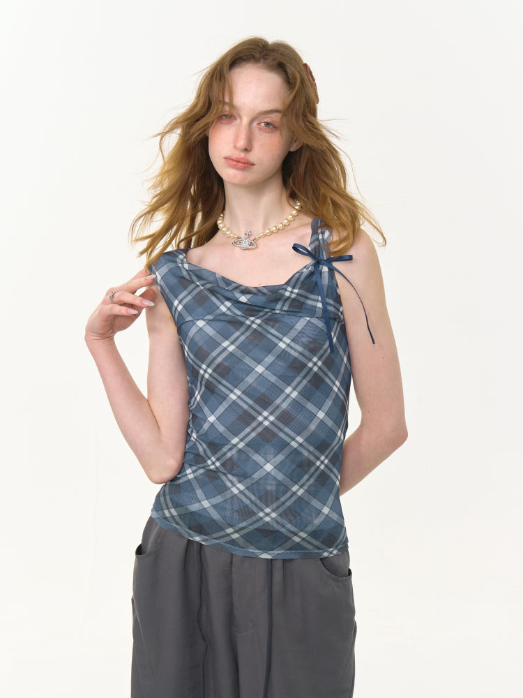 Plaid Side Ribbon Drape Neck Tank Top【s0000013043】