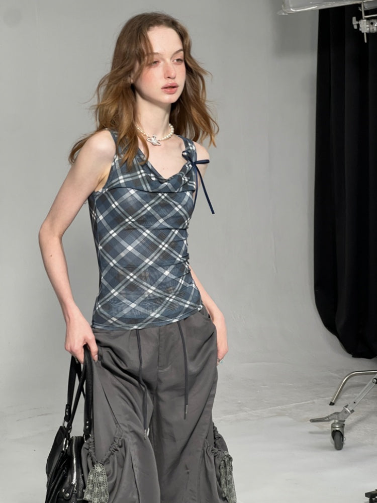 Plaid Side Ribbon Drape Neck Tank Top【s0000013043】