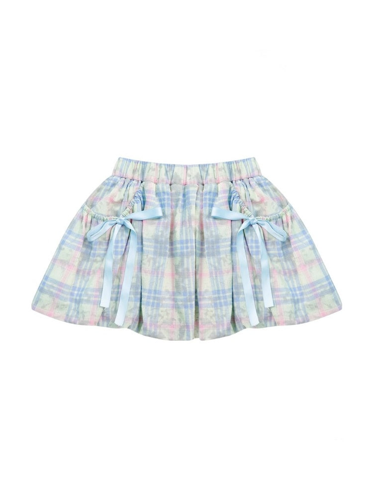 Plaid Bow Elastic Waist Bud Skirt【s0000013045】