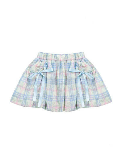 Plaid Bow Elastic Waist Bud Skirt【s0000013045】