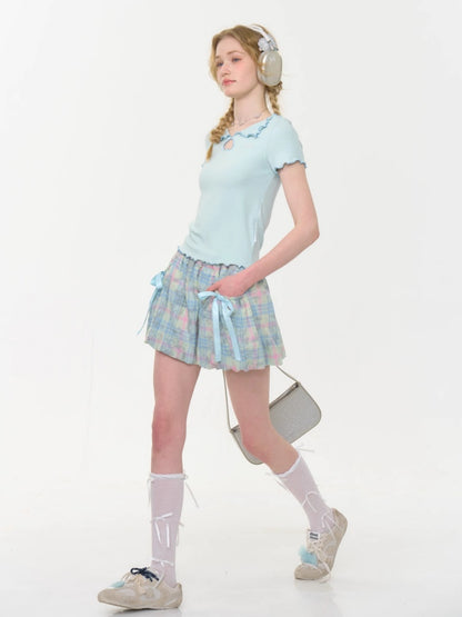 Plaid Bow Elastic Waist Bud Skirt【s0000013045】