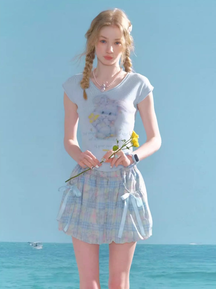 Plaid Bow Elastic Waist Bud Skirt【s0000013045】
