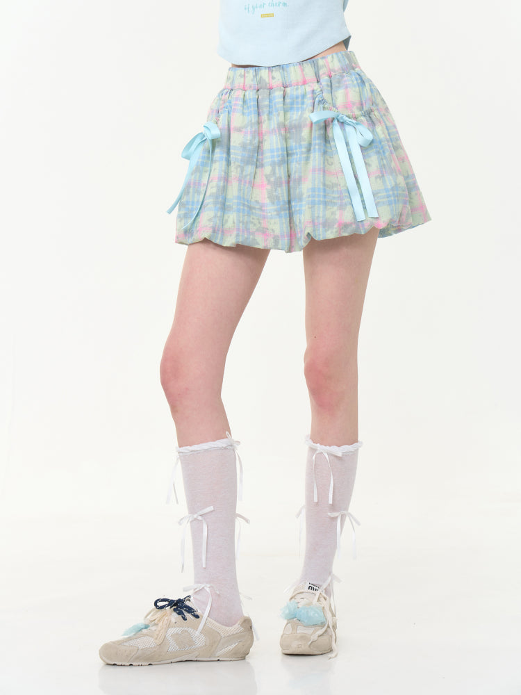 Plaid Bow Elastic Waist Bud Skirt【s0000013045】