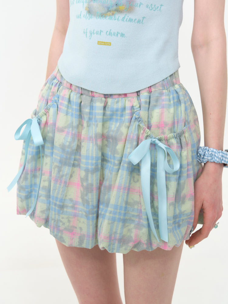 Plaid Bow Elastic Waist Bud Skirt【s0000013045】
