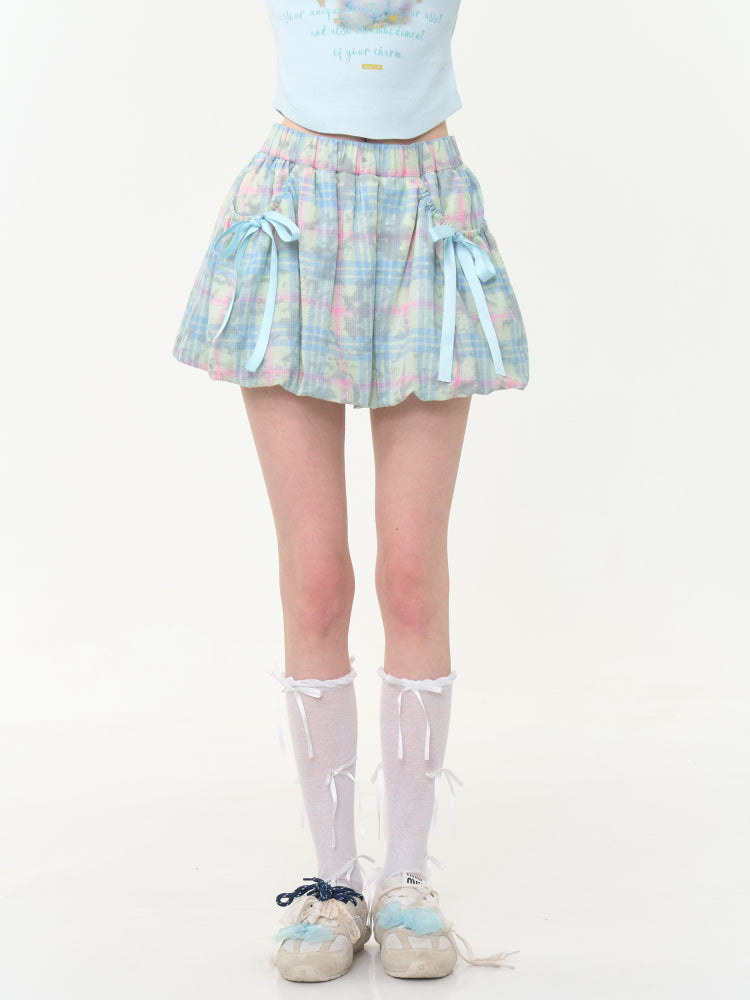 Plaid Bow Elastic Waist Bud Skirt【s0000013045】