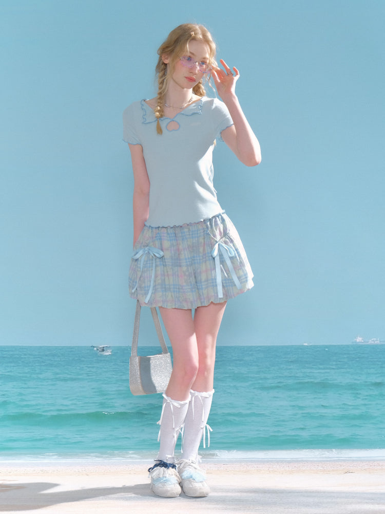 Plaid Bow Elastic Waist Bud Skirt【s0000013045】