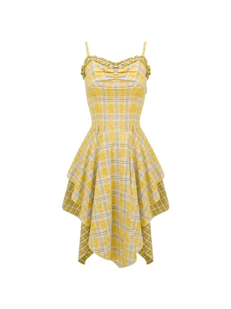 Irregular Hem Plaid Suspender Tiered Ruffle Dress【s0000013046】