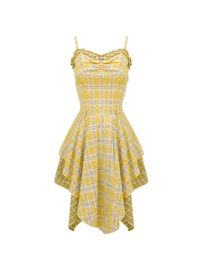 Irregular Hem Plaid Suspender Tiered Ruffle Dress【s0000013046】
