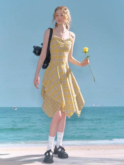 Irregular Hem Plaid Suspender Tiered Ruffle Dress【s0000013046】