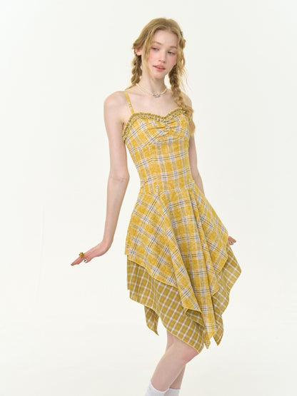 Irregular Hem Plaid Suspender Tiered Ruffle Dress【s0000013046】