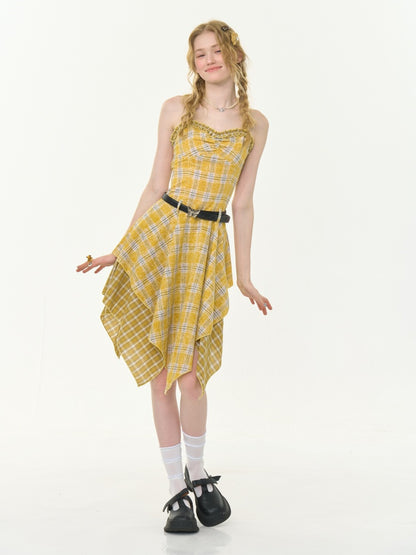 Irregular Hem Plaid Suspender Tiered Ruffle Dress【s0000013046】