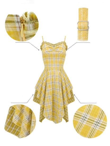 Irregular Hem Plaid Suspender Tiered Ruffle Dress【s0000013046】