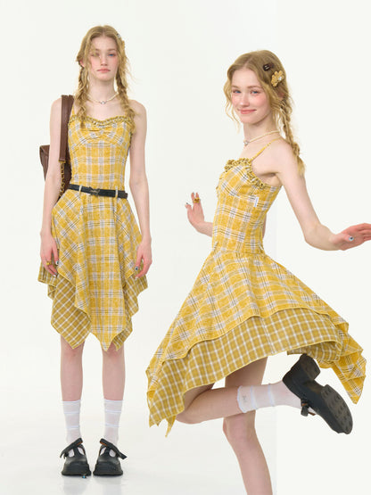 Irregular Hem Plaid Suspender Tiered Ruffle Dress【s0000013046】