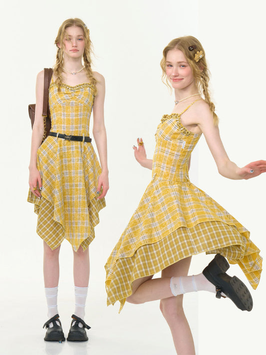 Irregular Hem Plaid Suspender Tiered Ruffle Dress【s0000013046】