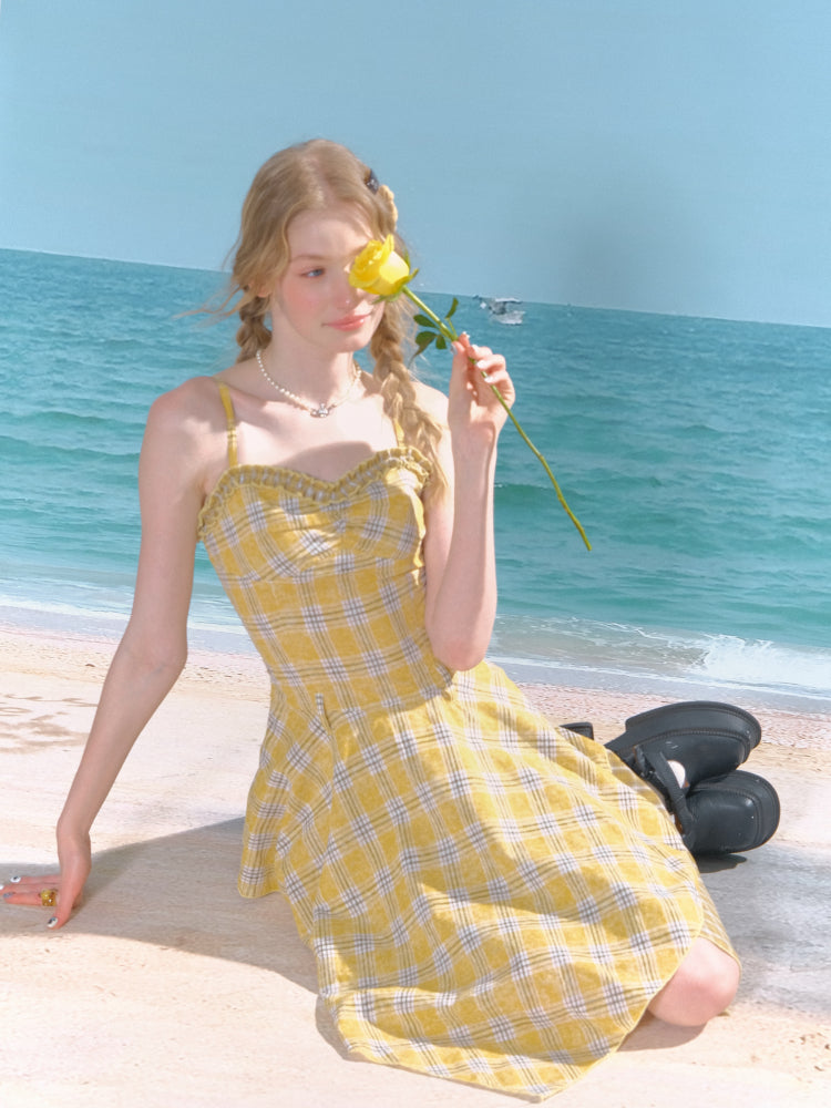 Irregular Hem Plaid Suspender Tiered Ruffle Dress【s0000013046】