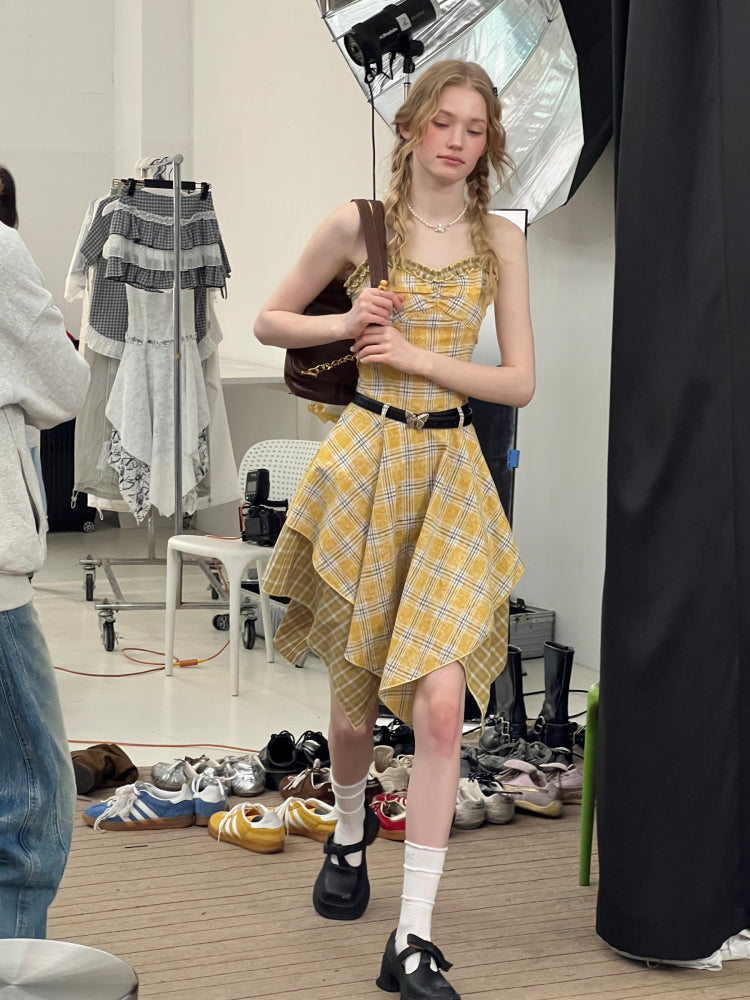 Irregular Hem Plaid Suspender Tiered Ruffle Dress【s0000013046】