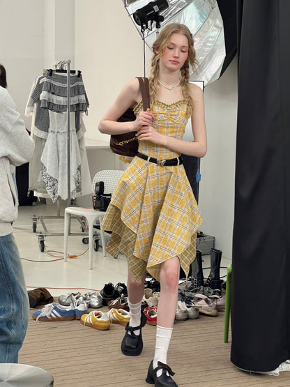 Irregular Hem Plaid Suspender Tiered Ruffle Dress【s0000013046】