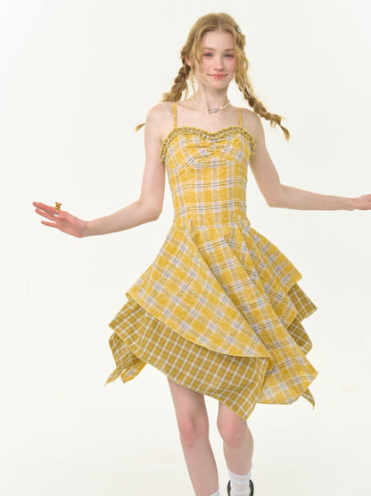 Irregular Hem Plaid Suspender Tiered Ruffle Dress【s0000013046】