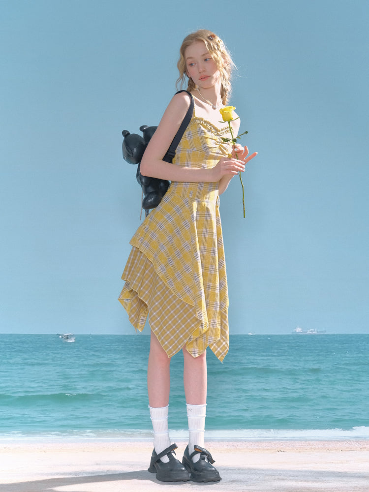Irregular Hem Plaid Suspender Tiered Ruffle Dress【s0000013046】