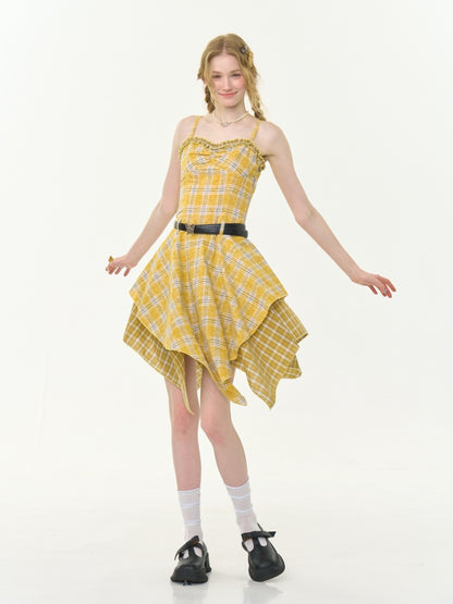 Irregular Hem Plaid Suspender Tiered Ruffle Dress【s0000013046】