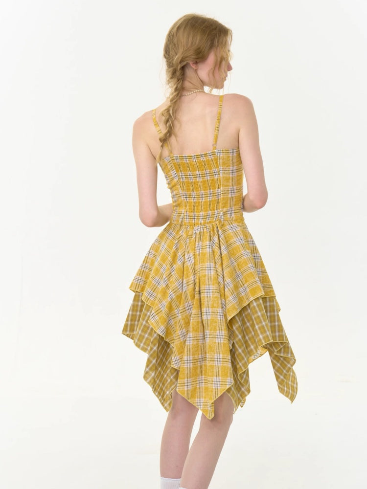Irregular Hem Plaid Suspender Tiered Ruffle Dress【s0000013046】