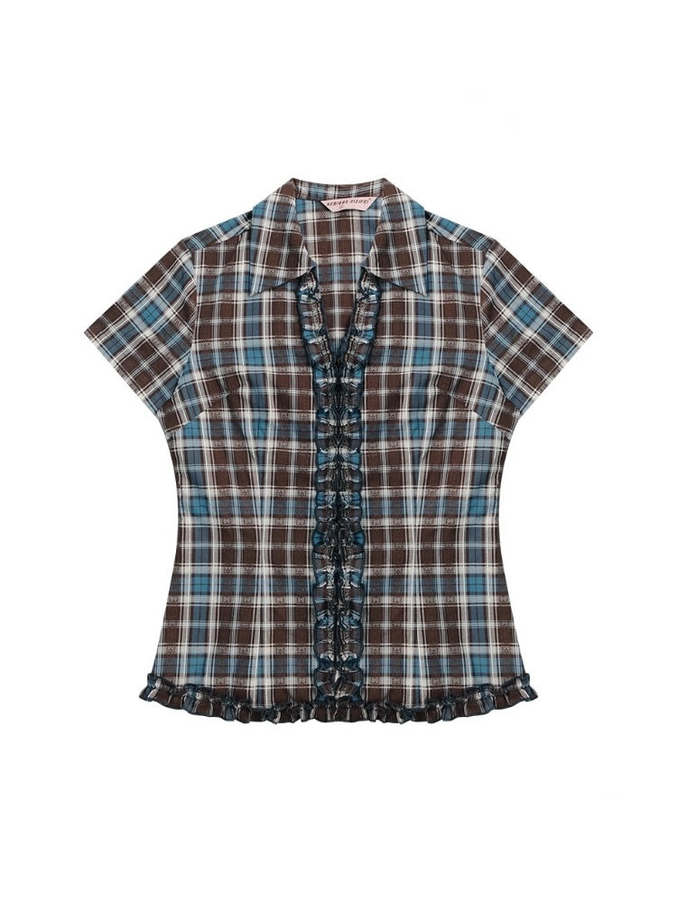Ruffle Shirring check Short Sleeve Blouse【s0000013047】