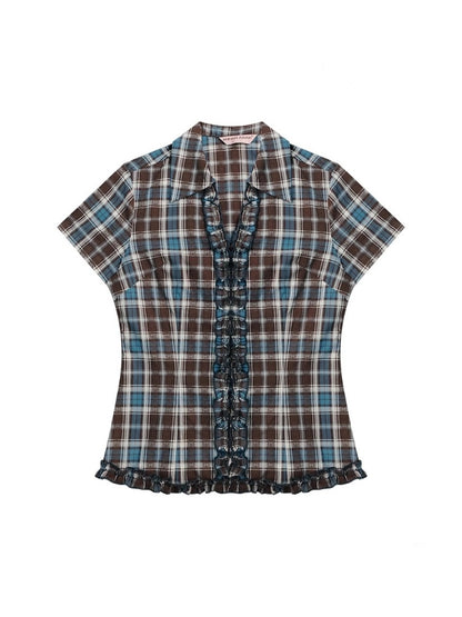 Ruffle Shirring check Short Sleeve Blouse【s0000013047】