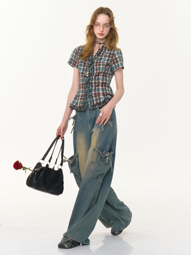 Ruffle Shirring check Short Sleeve Blouse【s0000013047】