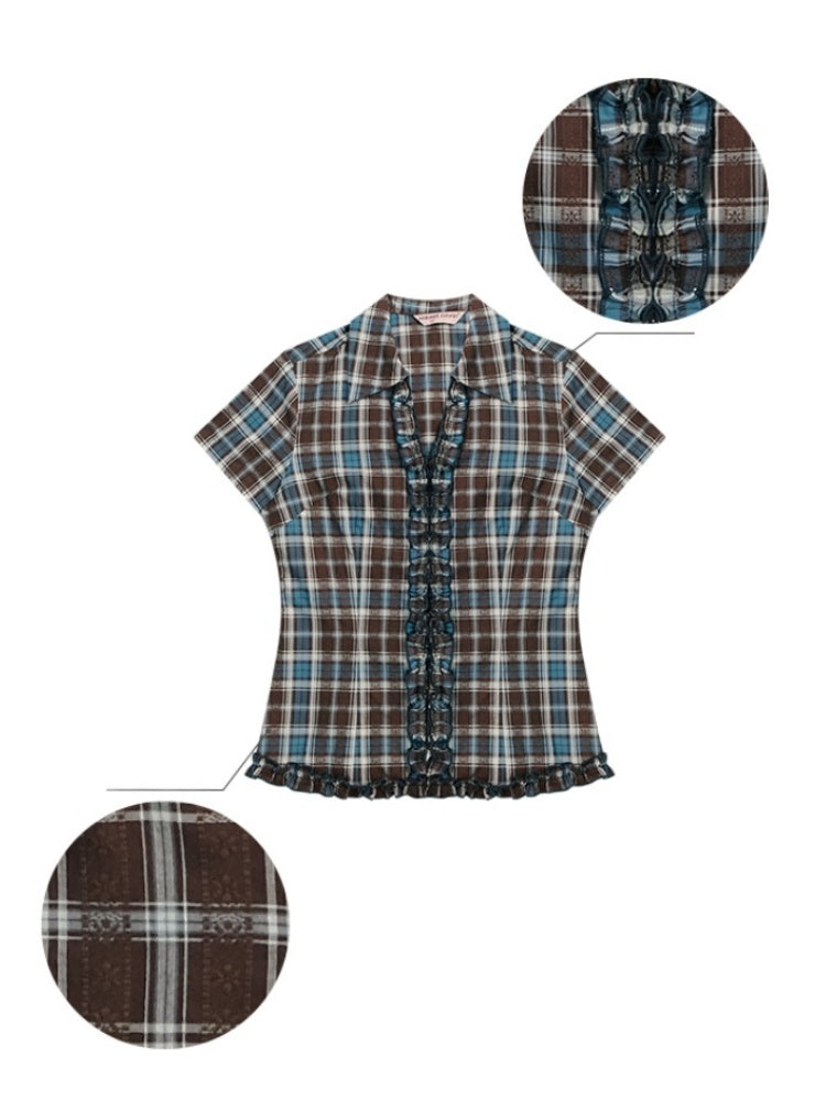 Ruffle Shirring check Short Sleeve Blouse【s0000013047】