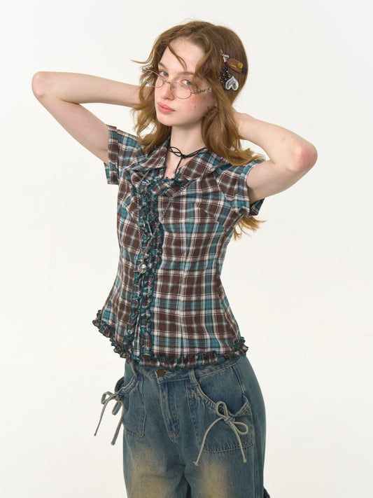 Ruffle Shirring check Short Sleeve Blouse【s0000013047】