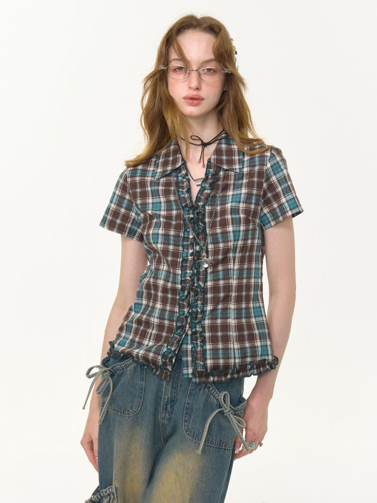 Ruffle Shirring check Short Sleeve Blouse【s0000013047】