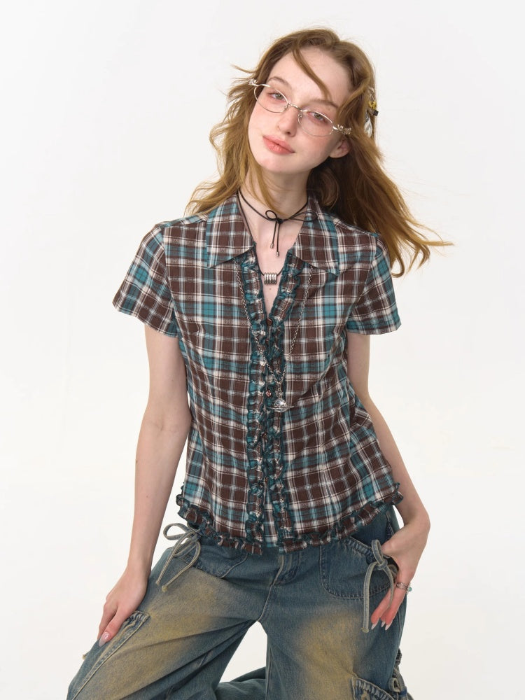 Ruffle Shirring check Short Sleeve Blouse【s0000013047】