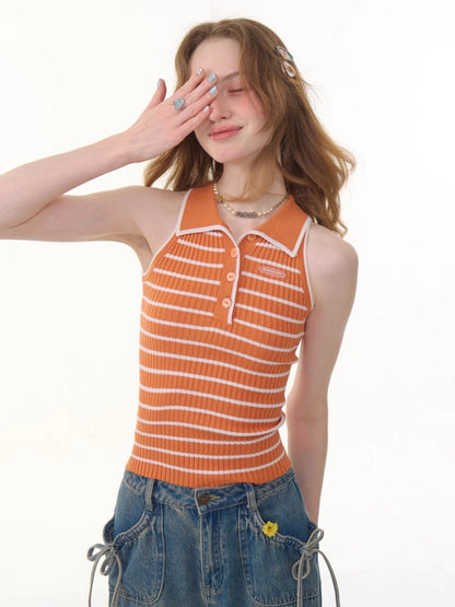 Striped Polo Neck Knitted Vest【s0000013048】