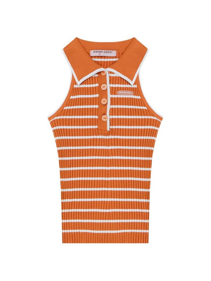 Striped Polo Neck Knitted Vest【s0000013048】
